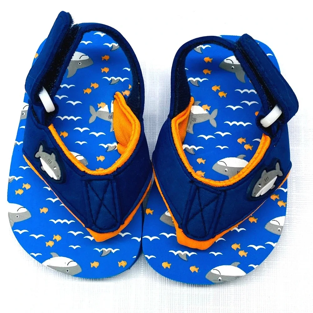 Kids Shark‎ Flip Flop Sandals Toddler Size 3 Blue Orange Hook and Loop